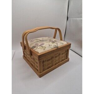 Vintage Wooden Sewing Basket - Basket Weave Wicker Box Fabric Top 8.5" x 4.5"
